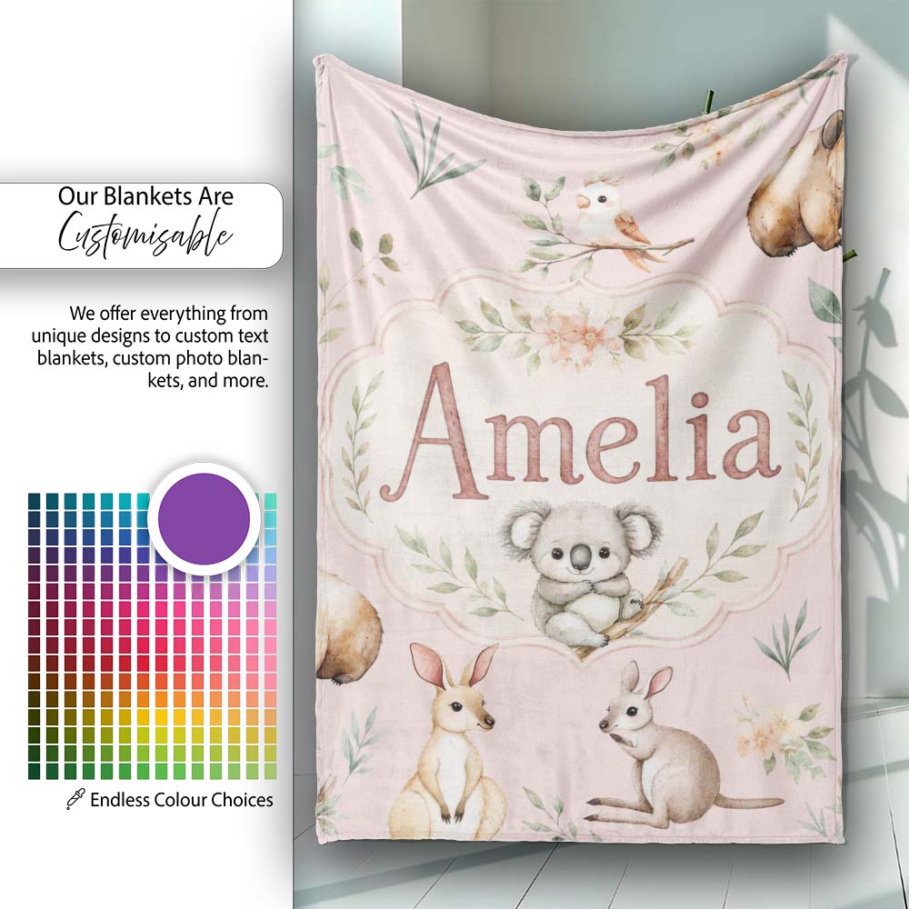 Woodland Animals Koala Kangaroo Bear Floral Blush Pink Seamless Personalised Custom Name Super Soft Fleece Blanket Bed Sofa Throw