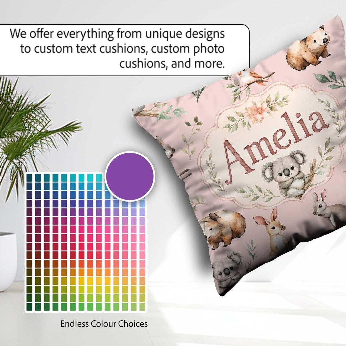 Custom Name Woodland Animals Koala Kangaroo Bear Floral Seamless Square Filled Cushion Throw Pillow Sofa Bed Home Decor Zip Washable UK Made