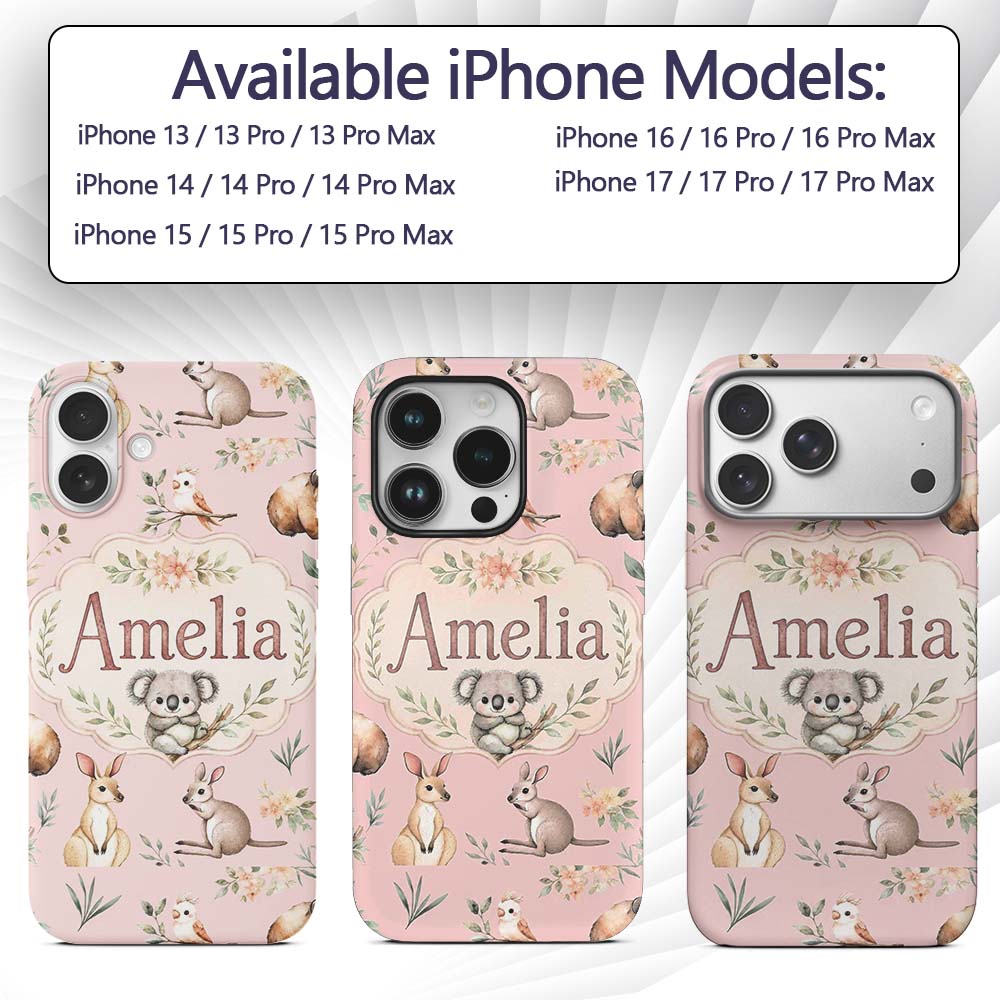 Woodland Animals Koala Kangaroo Bear Floral Blush Custom Name Protective Phone Case Mobile Cover Durable Everyday Smartphone Shock Resistant