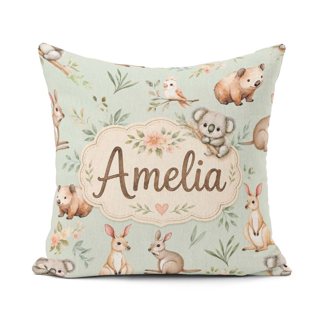 Custom Name Woodland Animals Koala Kangaroo Bear Floral Seamless Square Filled Cushion Throw Pillow Sofa Bed Home Decor Zip Washable UK Made