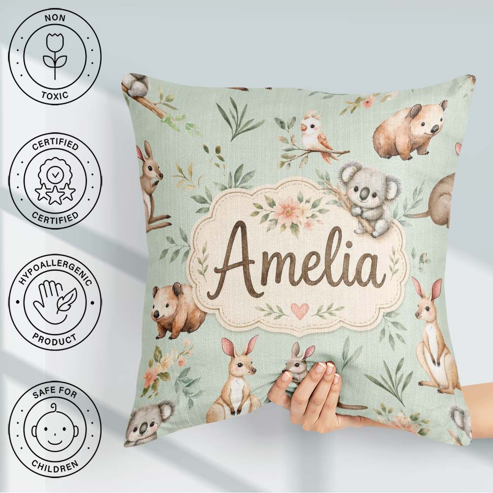 Custom Name Woodland Animals Koala Kangaroo Bear Floral Seamless Square Filled Cushion Throw Pillow Sofa Bed Home Decor Zip Washable UK Made