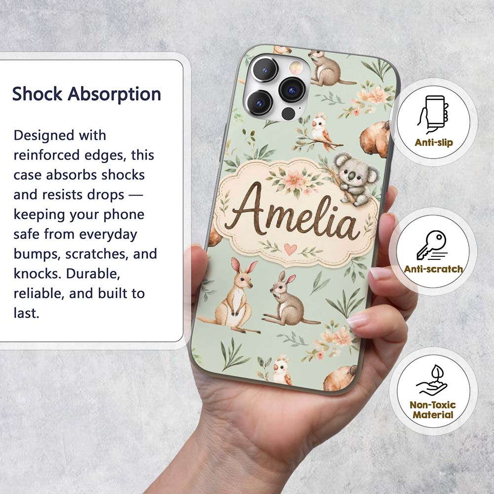 Woodland Animals Koala Kangaroo Bear Floral Mint Custom Name Protective Phone Case Mobile Cover Durable Everyday Smartphone Shock Resistant