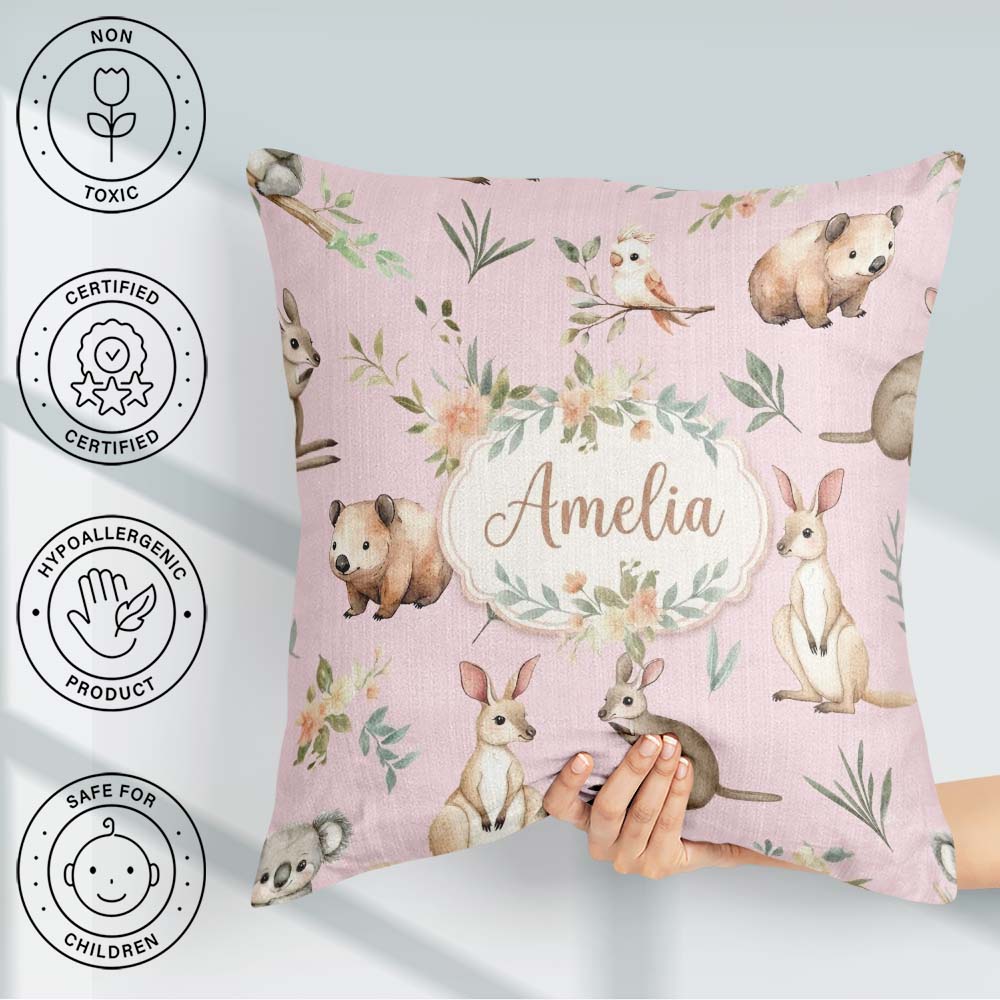 Custom Name Woodland Animals Koala Kangaroo Bear Floral Seamless Square Filled Cushion Throw Pillow Sofa Bed Home Decor Zip Washable UK Made