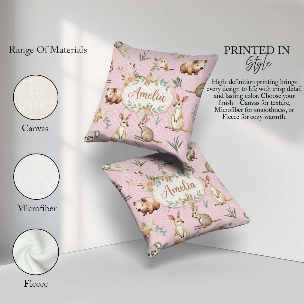 Custom Name Woodland Animals Koala Kangaroo Bear Floral Seamless Square Filled Cushion Throw Pillow Sofa Bed Home Decor Zip Washable UK Made