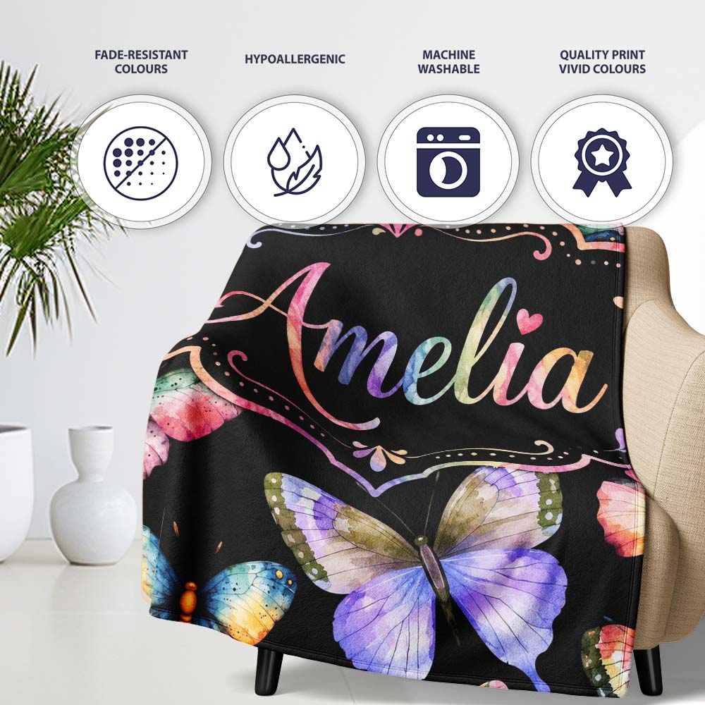 Colorful Watercolor Butterflies on Black Background Seamless Personalised Custom Name Super Soft Fleece Blanket Bed Sofa Throw