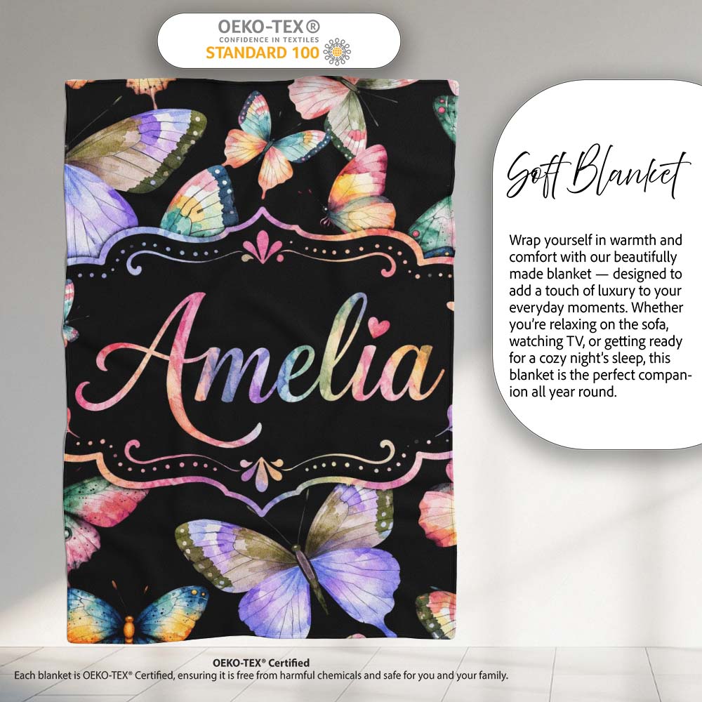 Colorful Watercolor Butterflies on Black Background Seamless Personalised Custom Name Super Soft Fleece Blanket Bed Sofa Throw