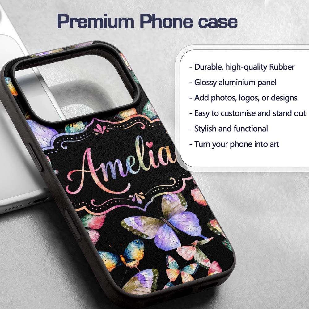 Colorful Watercolor Butterflies on Printed Design Custom Name Protective Phone Case Mobile Cover Durable Everyday Smartphone Shock Resistant