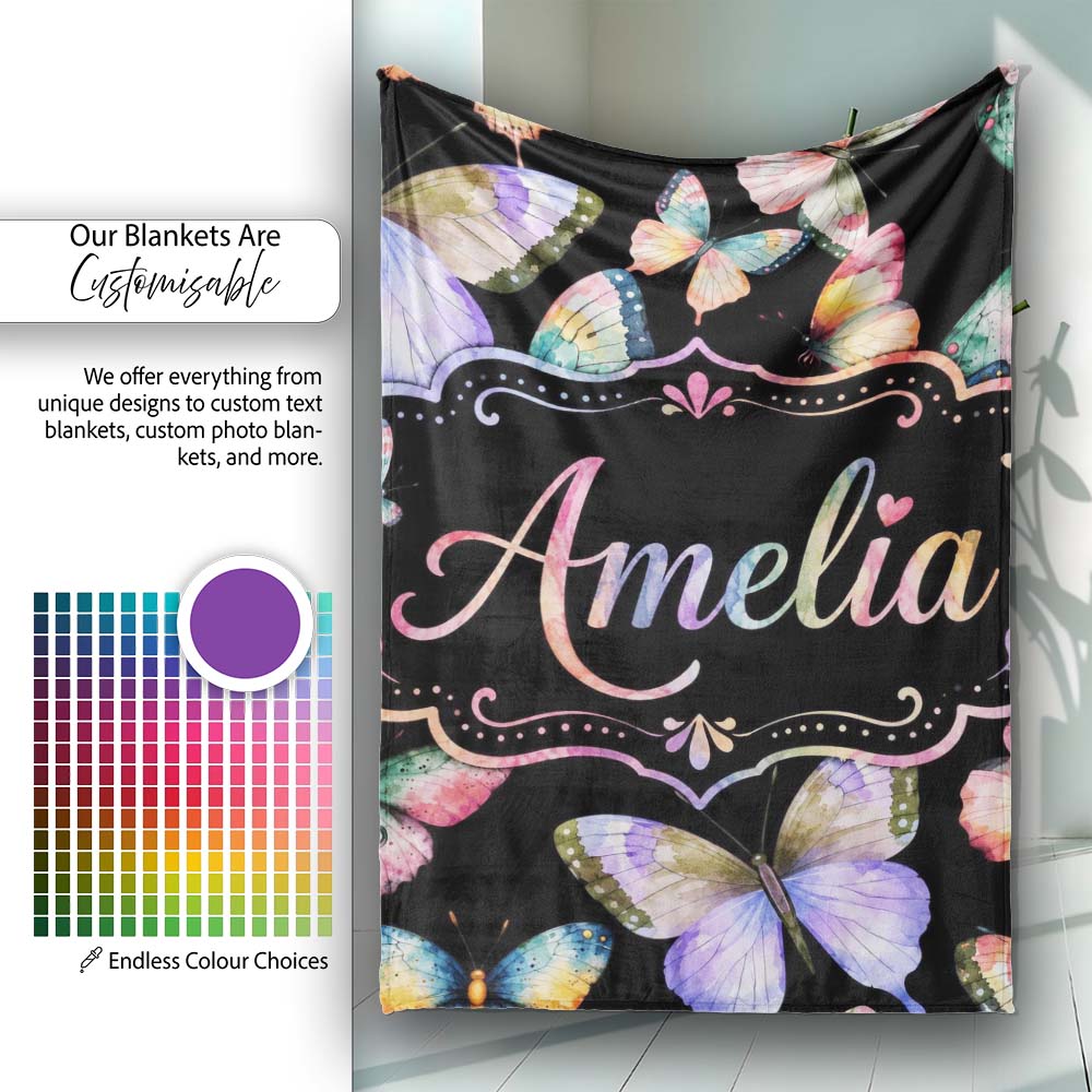 Colorful Watercolor Butterflies on Black Background Seamless Personalised Custom Name Super Soft Fleece Blanket Bed Sofa Throw