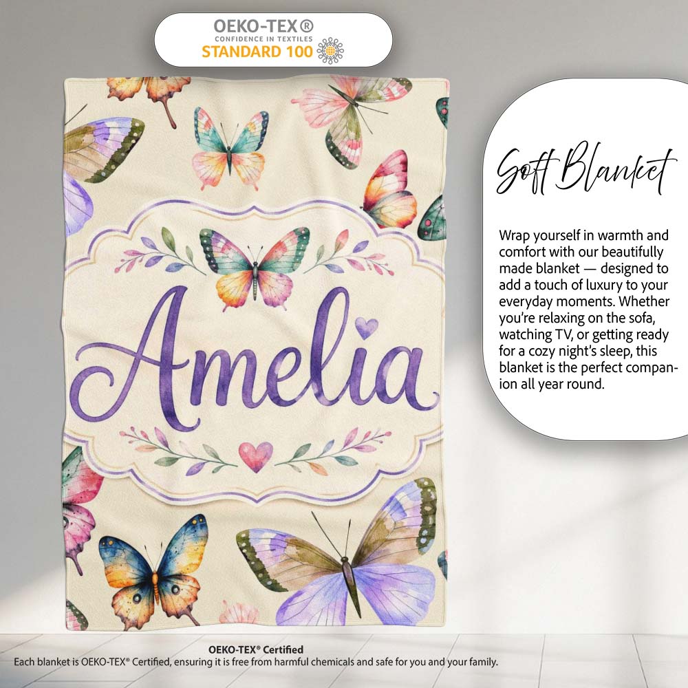 Colorful Watercolor Butterflies on Cream Background Seamless Personalised Custom Name Super Soft Fleece Blanket Bed Sofa Throw