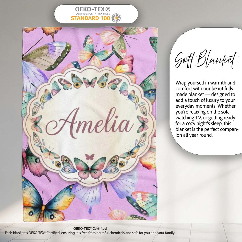 Colorful Watercolor Butterflies on Lavender Background Seamless Personalised Custom Name Super Soft Fleece Blanket Bed Sofa Throw