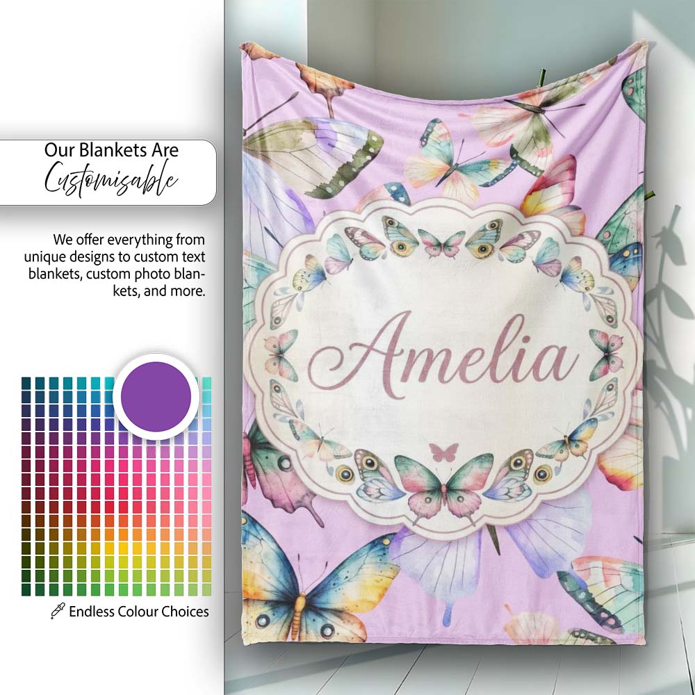 Colorful Watercolor Butterflies on Lavender Background Seamless Personalised Custom Name Super Soft Fleece Blanket Bed Sofa Throw
