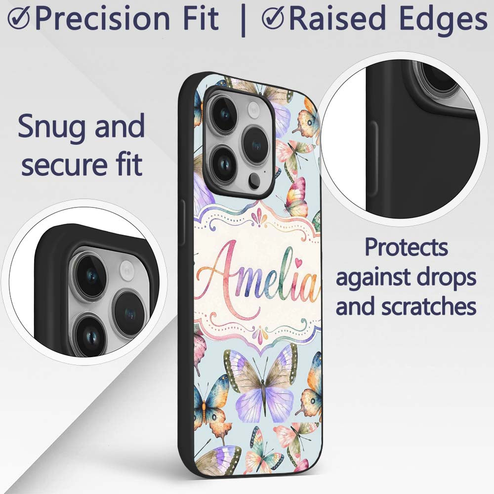 Colorful Watercolor Butterflies on Printed Design Custom Name Protective Phone Case Mobile Cover Durable Everyday Smartphone Shock Resistant