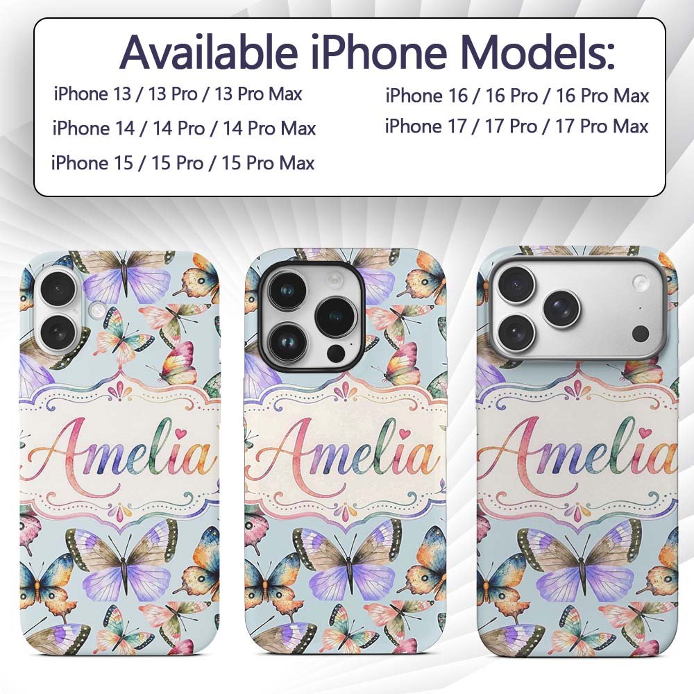 Colorful Watercolor Butterflies on Printed Design Custom Name Protective Phone Case Mobile Cover Durable Everyday Smartphone Shock Resistant