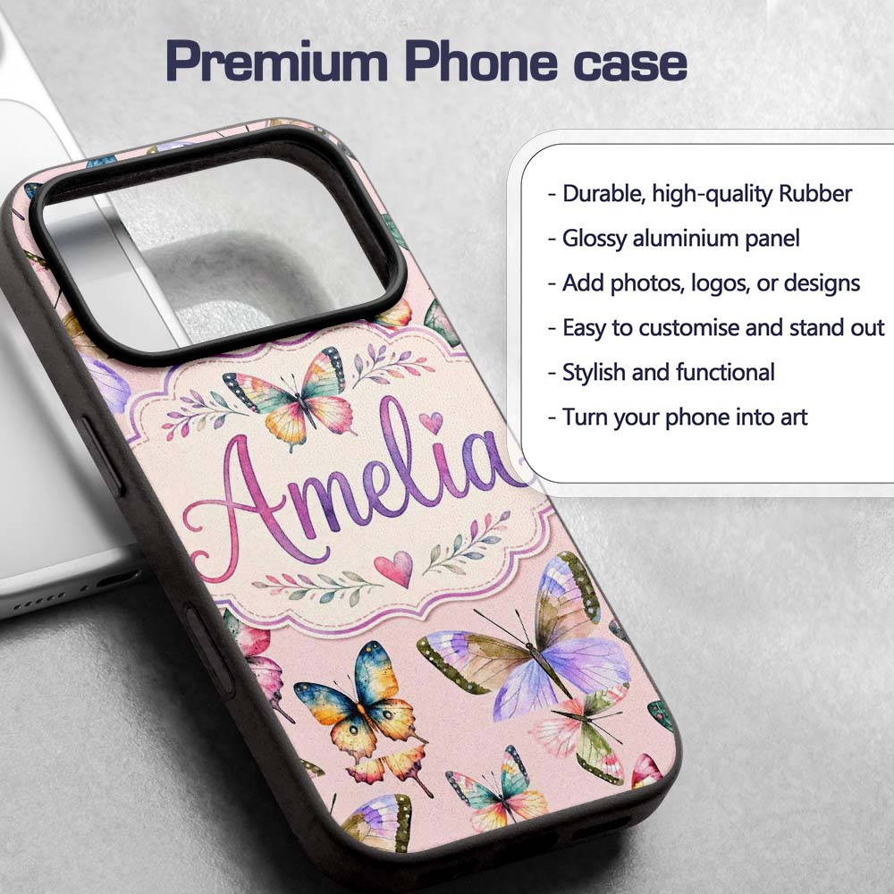 Colorful Watercolor Butterflies on Blush Pink Custom Name Protective Phone Case Mobile Cover Durable Everyday Smartphone Shock Resistant