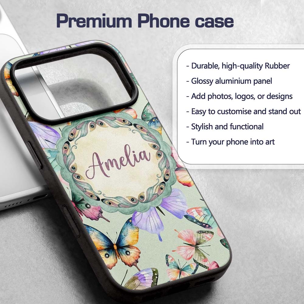 Colorful Watercolor Butterflies on Sage Green Custom Name Protective Phone Case Mobile Cover Durable Everyday Smartphone Shock Resistant