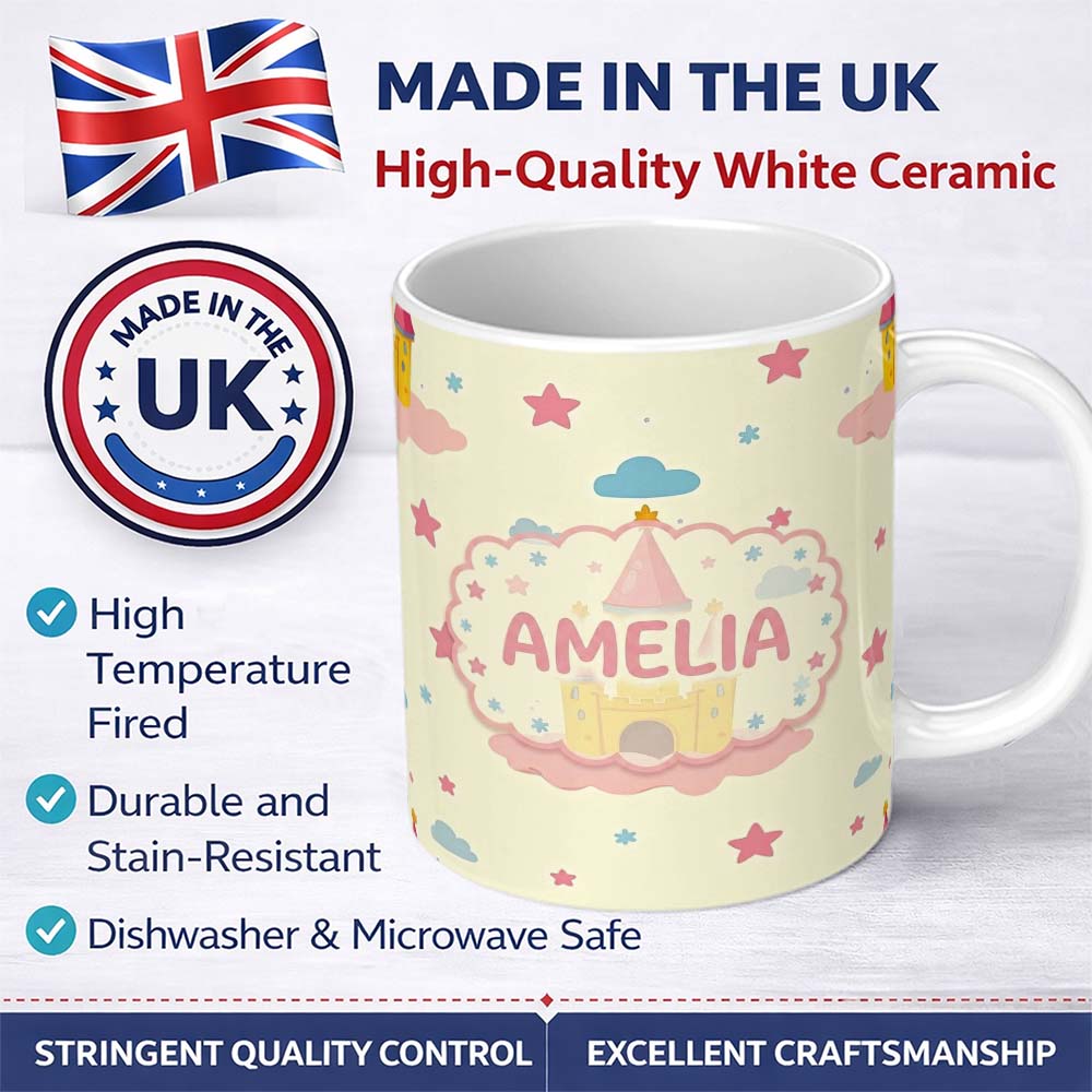 Personalized Custom Name Cute Fantasy Castle Clouds Stars Seamless Pattern Cute Unique Gift 11oz Ceramic Coffee Tea Mug White Large Handle