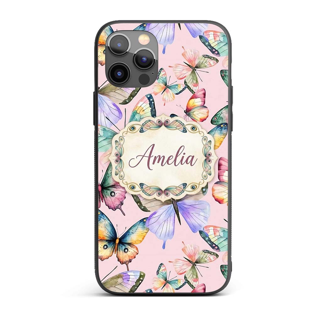 Colorful Watercolor Butterflies on Dusty Pink Custom Name Protective Phone Case Mobile Cover Durable Everyday Smartphone Shock Resistant