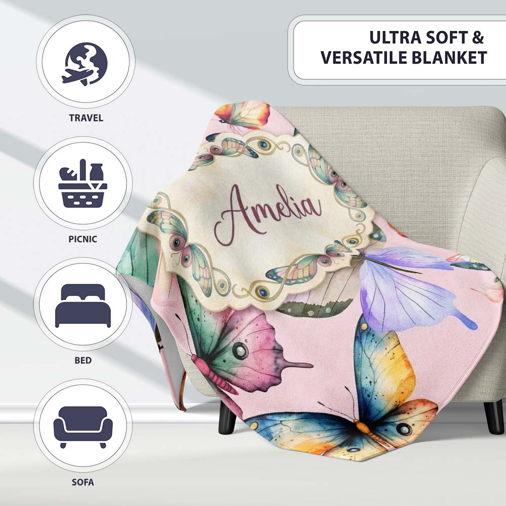Colorful Watercolor Butterflies on Dusty Pink Background Seamless Personalised Custom Name Super Soft Fleece Blanket Bed Sofa Throw
