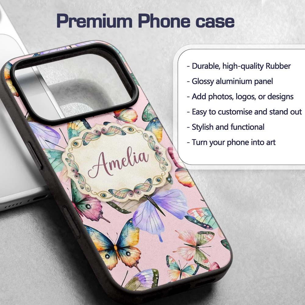Colorful Watercolor Butterflies on Dusty Pink Custom Name Protective Phone Case Mobile Cover Durable Everyday Smartphone Shock Resistant