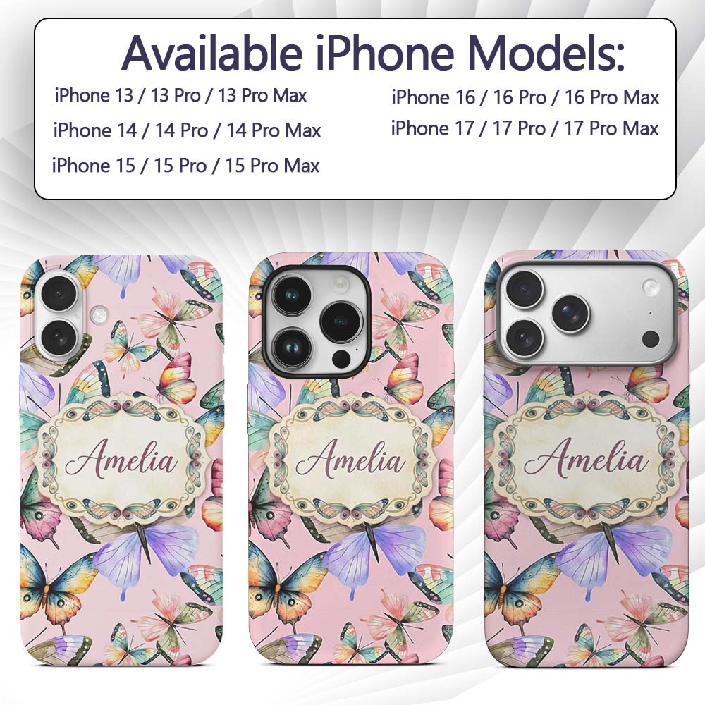 Colorful Watercolor Butterflies on Dusty Pink Custom Name Protective Phone Case Mobile Cover Durable Everyday Smartphone Shock Resistant