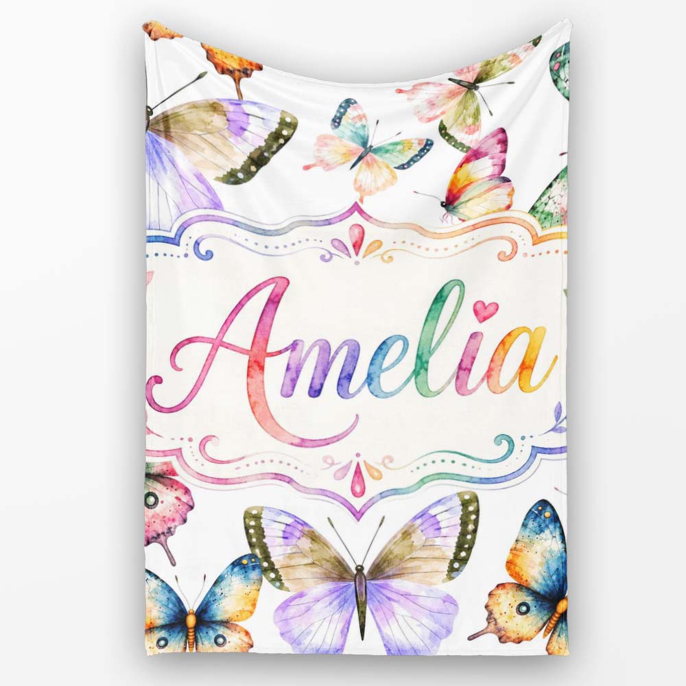 Colorful Watercolor Butterflies on White Background Seamless Personalised Custom Name Super Soft Fleece Blanket Bed Sofa Throw