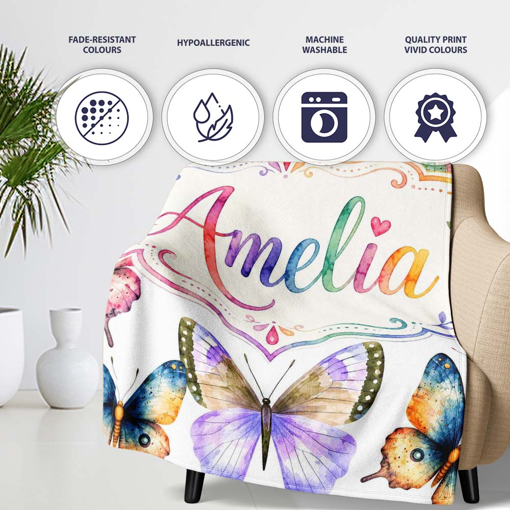 Colorful Watercolor Butterflies on White Background Seamless Personalised Custom Name Super Soft Fleece Blanket Bed Sofa Throw