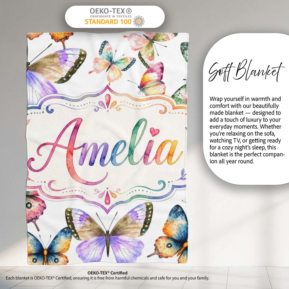 Colorful Watercolor Butterflies on White Background Seamless Personalised Custom Name Super Soft Fleece Blanket Bed Sofa Throw