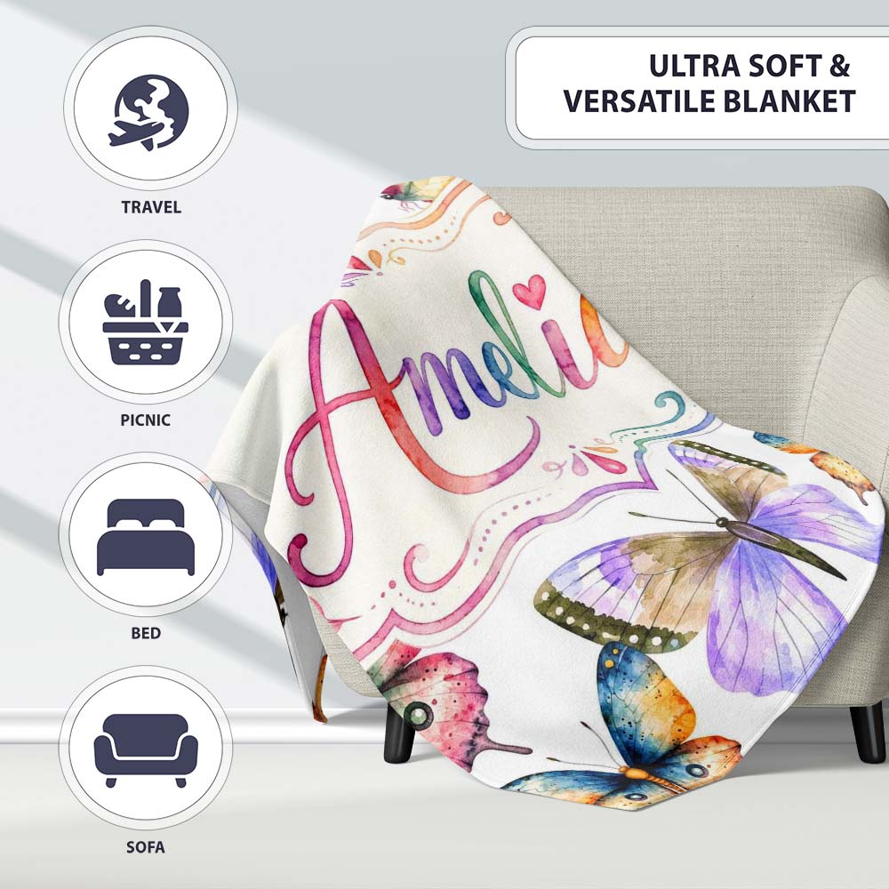 Colorful Watercolor Butterflies on White Background Seamless Personalised Custom Name Super Soft Fleece Blanket Bed Sofa Throw