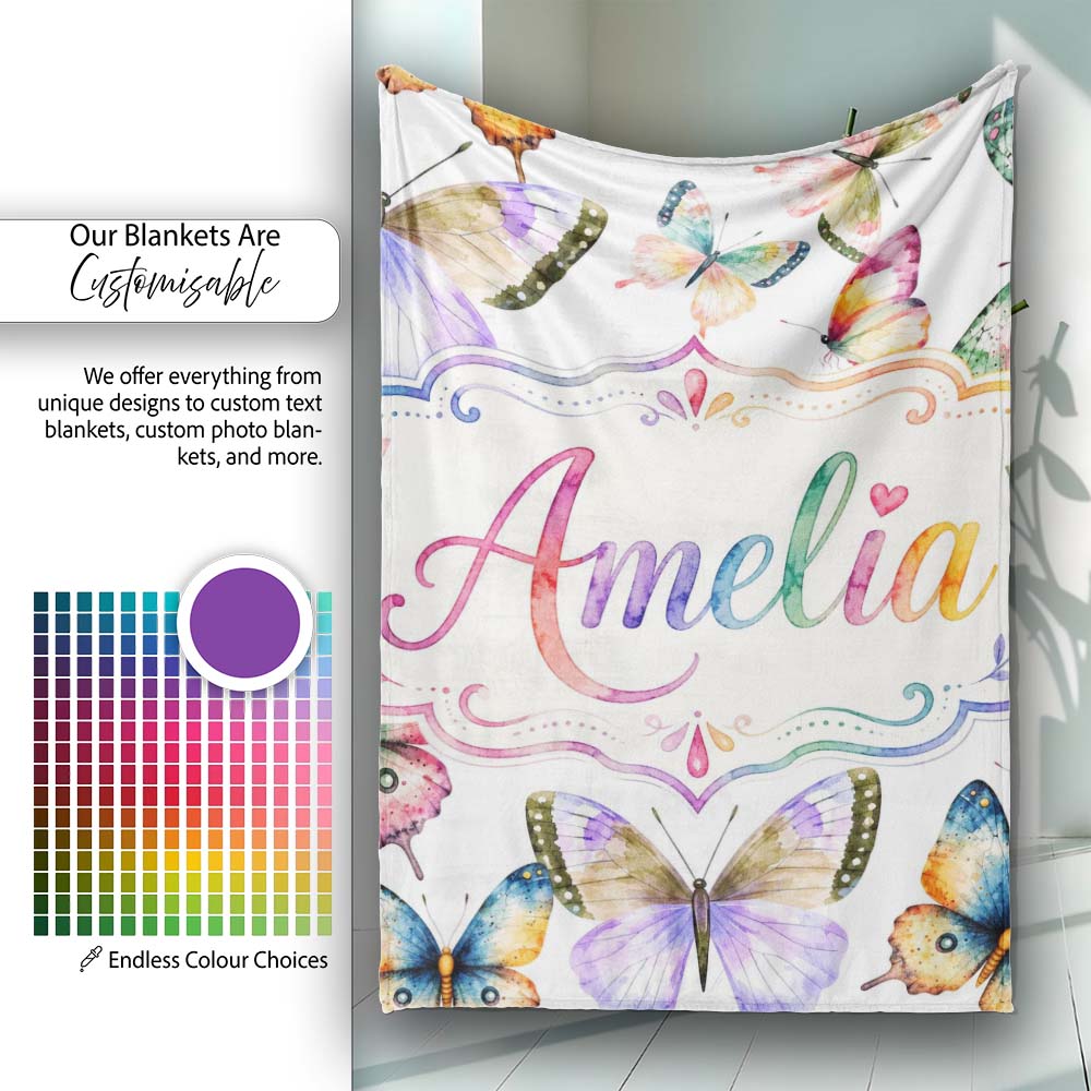 Colorful Watercolor Butterflies on White Background Seamless Personalised Custom Name Super Soft Fleece Blanket Bed Sofa Throw