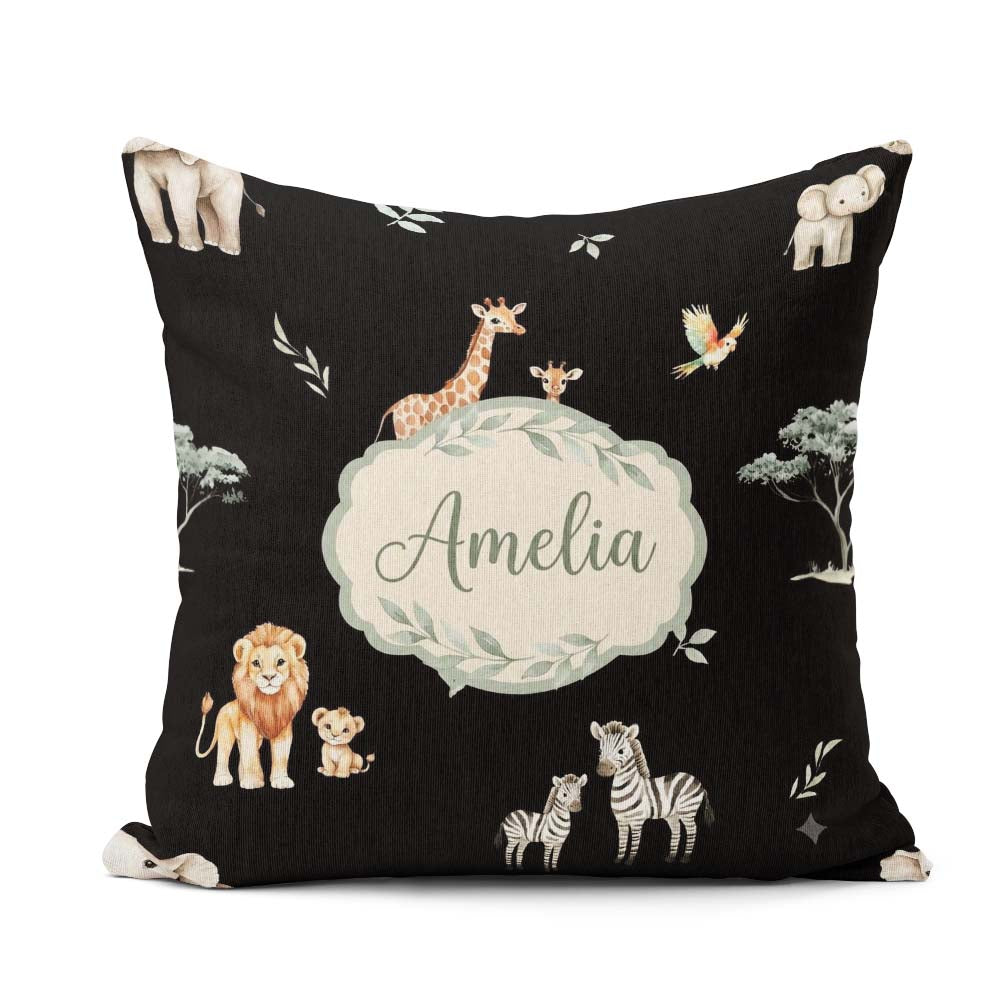 Custom Name Safari Animals Giraffe Lion Zebra on Black Seamless Square Filled Cushion Throw Pillow Sofa Bed Home Decor Zip Washable UK Made