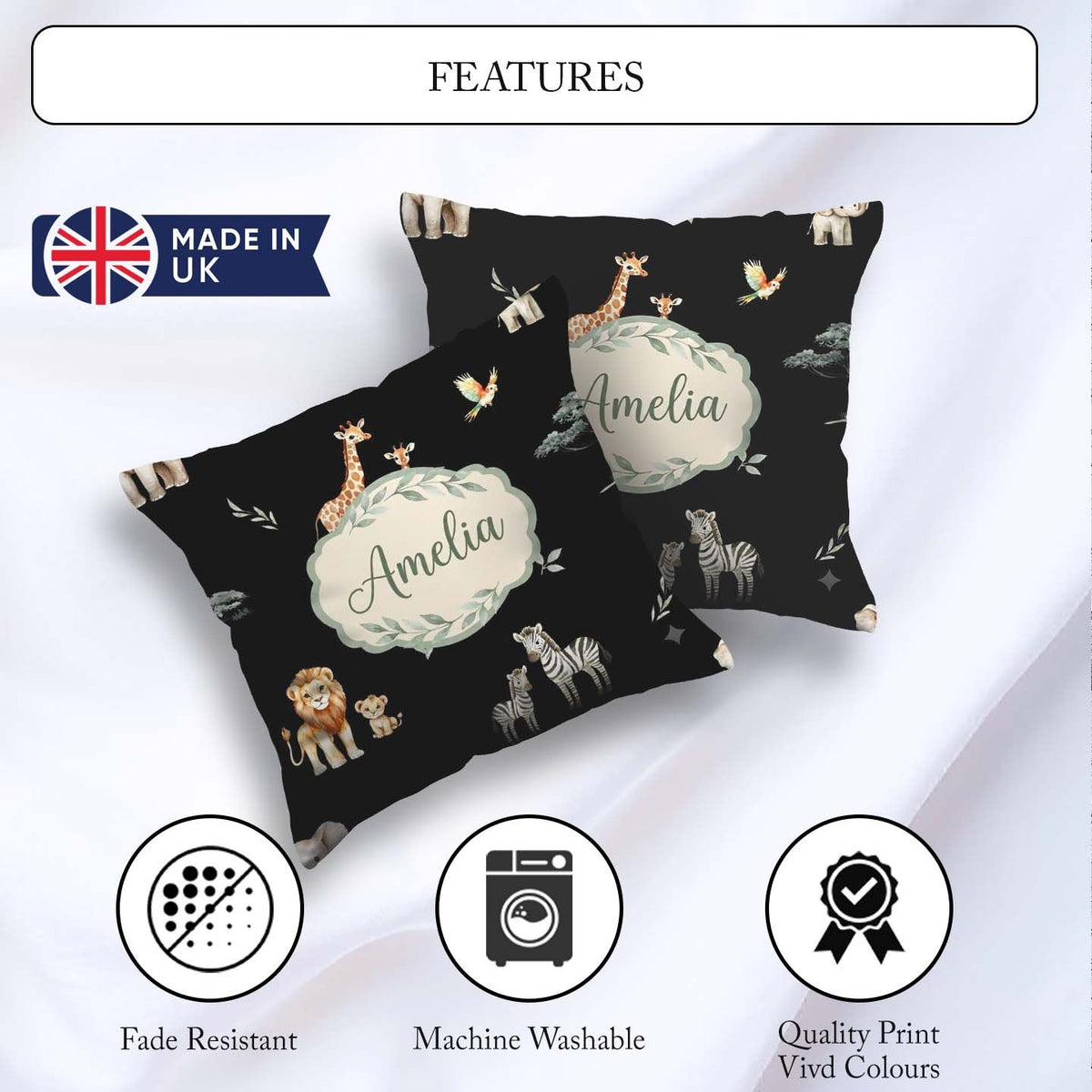 Custom Name Safari Animals Giraffe Lion Zebra on Black Seamless Square Filled Cushion Throw Pillow Sofa Bed Home Decor Zip Washable UK Made