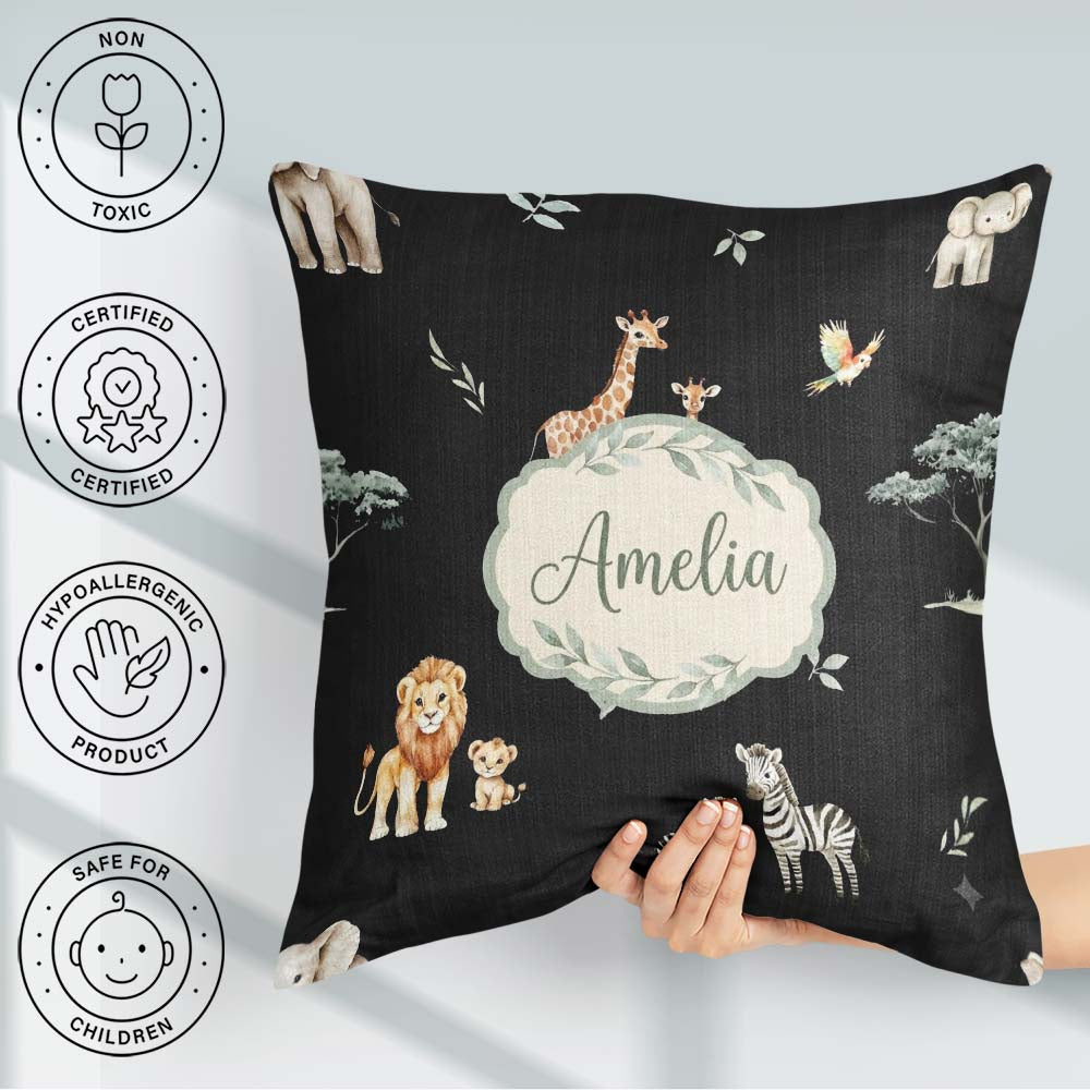 Custom Name Safari Animals Giraffe Lion Zebra on Black Seamless Square Filled Cushion Throw Pillow Sofa Bed Home Decor Zip Washable UK Made