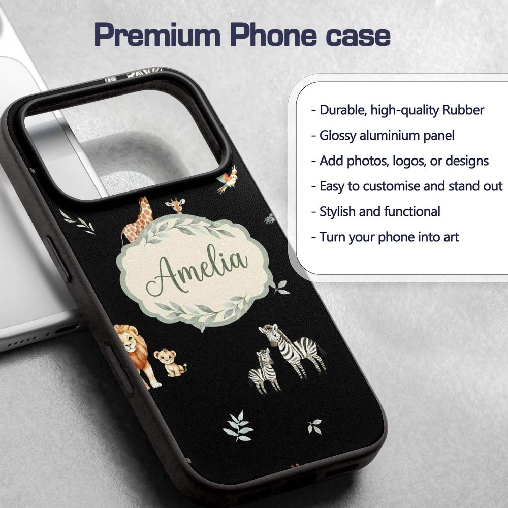 Cute Safari Animals Giraffe Lion Zebra on Black Custom Name Protective Phone Case Mobile Cover Durable Everyday Smartphone Shock Resistant