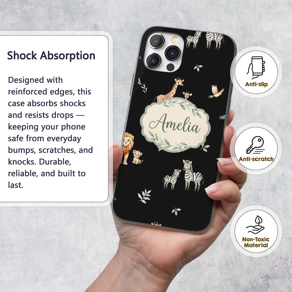 Cute Safari Animals Giraffe Lion Zebra on Black Custom Name Protective Phone Case Mobile Cover Durable Everyday Smartphone Shock Resistant