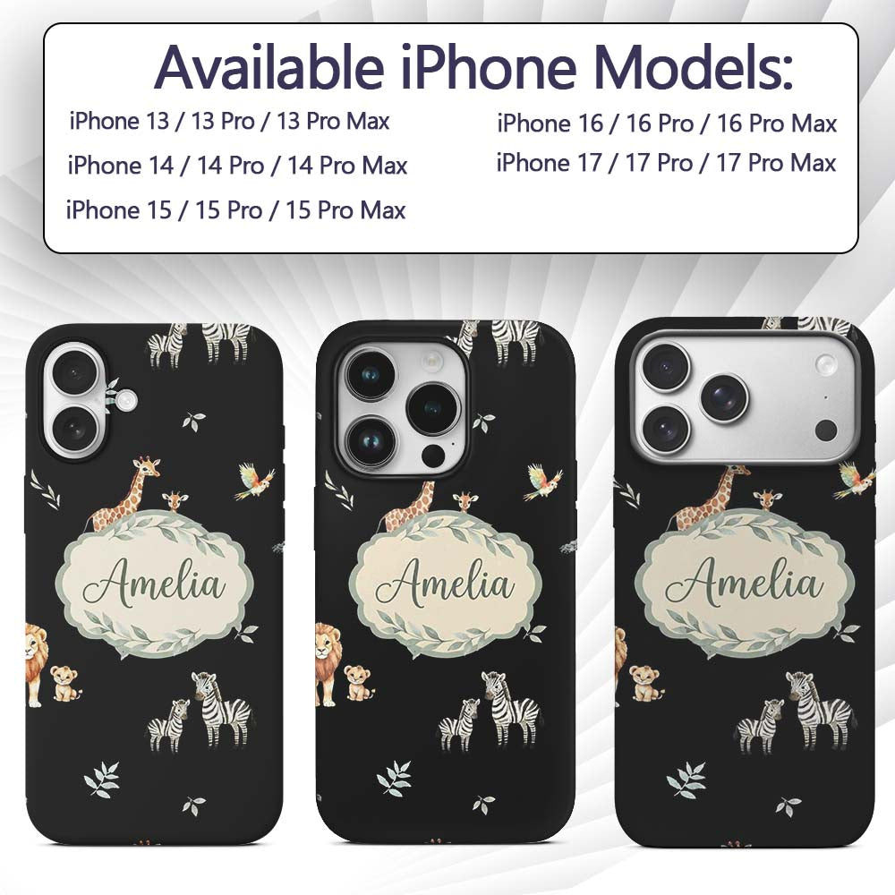 Cute Safari Animals Giraffe Lion Zebra on Black Custom Name Protective Phone Case Mobile Cover Durable Everyday Smartphone Shock Resistant