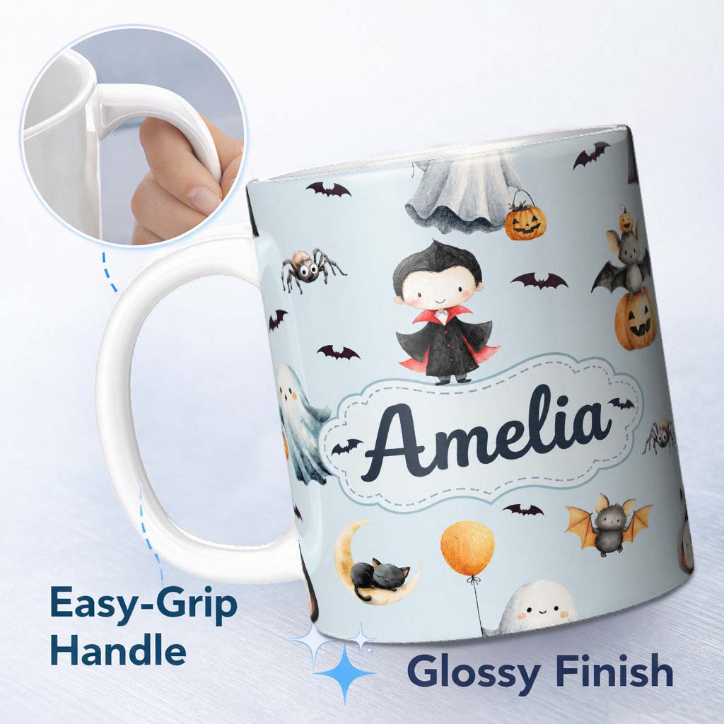 Personalized Custom Name Cute Halloween Dracula Ghost Bats on Soft Blue Background Seamless 11oz Ceramic Coffee Tea Mug White Large Handle