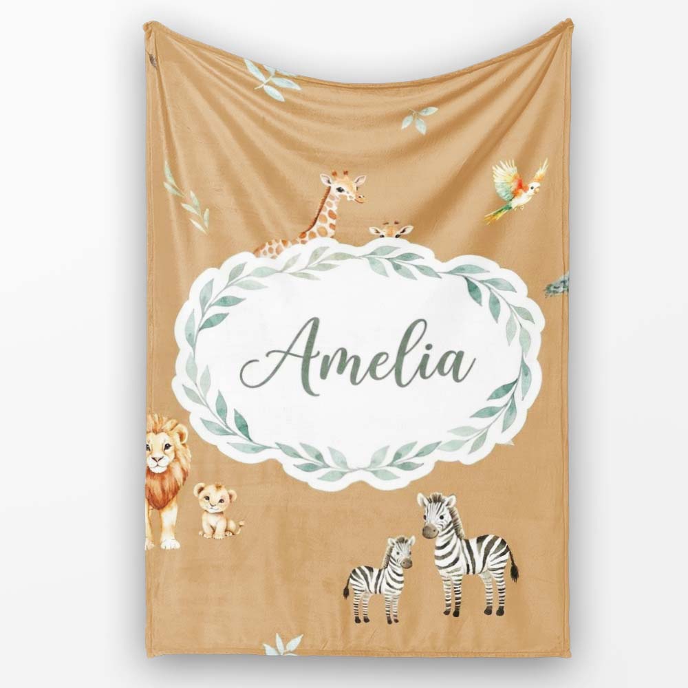 Cute Safari Animals Giraffe Lion Zebra on Brown Background Seamless Personalised Custom Name Super Soft Fleece Blanket Bed Sofa Throw