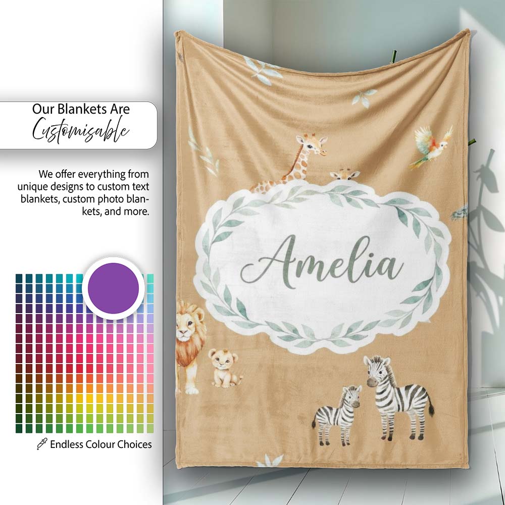 Cute Safari Animals Giraffe Lion Zebra on Brown Background Seamless Personalised Custom Name Super Soft Fleece Blanket Bed Sofa Throw