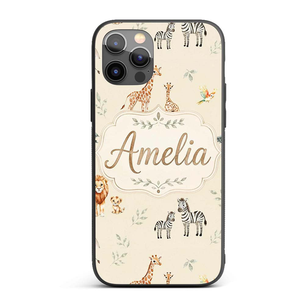 Cute Safari Animals Giraffe Lion Zebra on Cream Custom Name Protective Phone Case Mobile Cover Durable Everyday Smartphone Shock Resistant