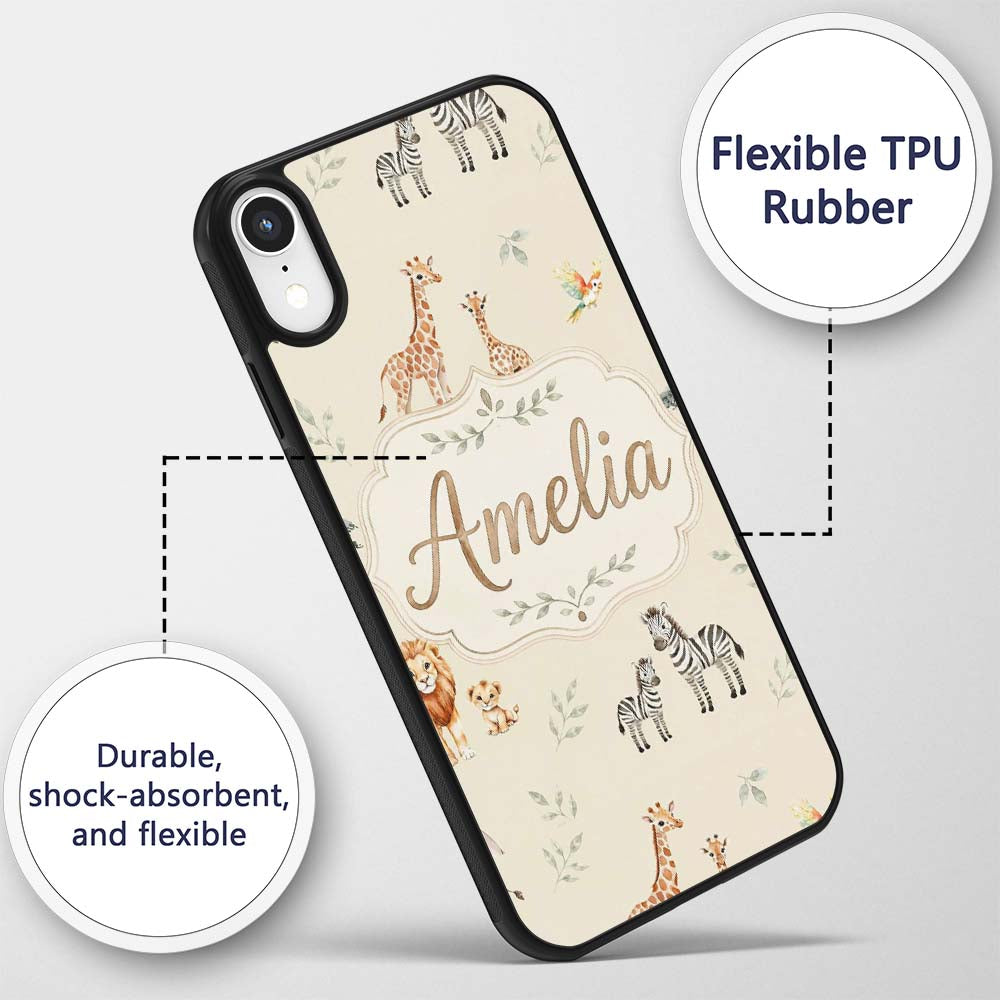 Cute Safari Animals Giraffe Lion Zebra on Cream Custom Name Protective Phone Case Mobile Cover Durable Everyday Smartphone Shock Resistant