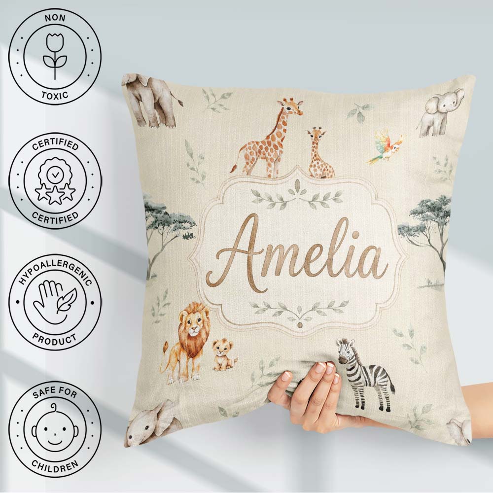 Custom Name Safari Animals Giraffe Lion Zebra on Cream Seamless Square Filled Cushion Throw Pillow Sofa Bed Home Decor Zip Washable UK Made