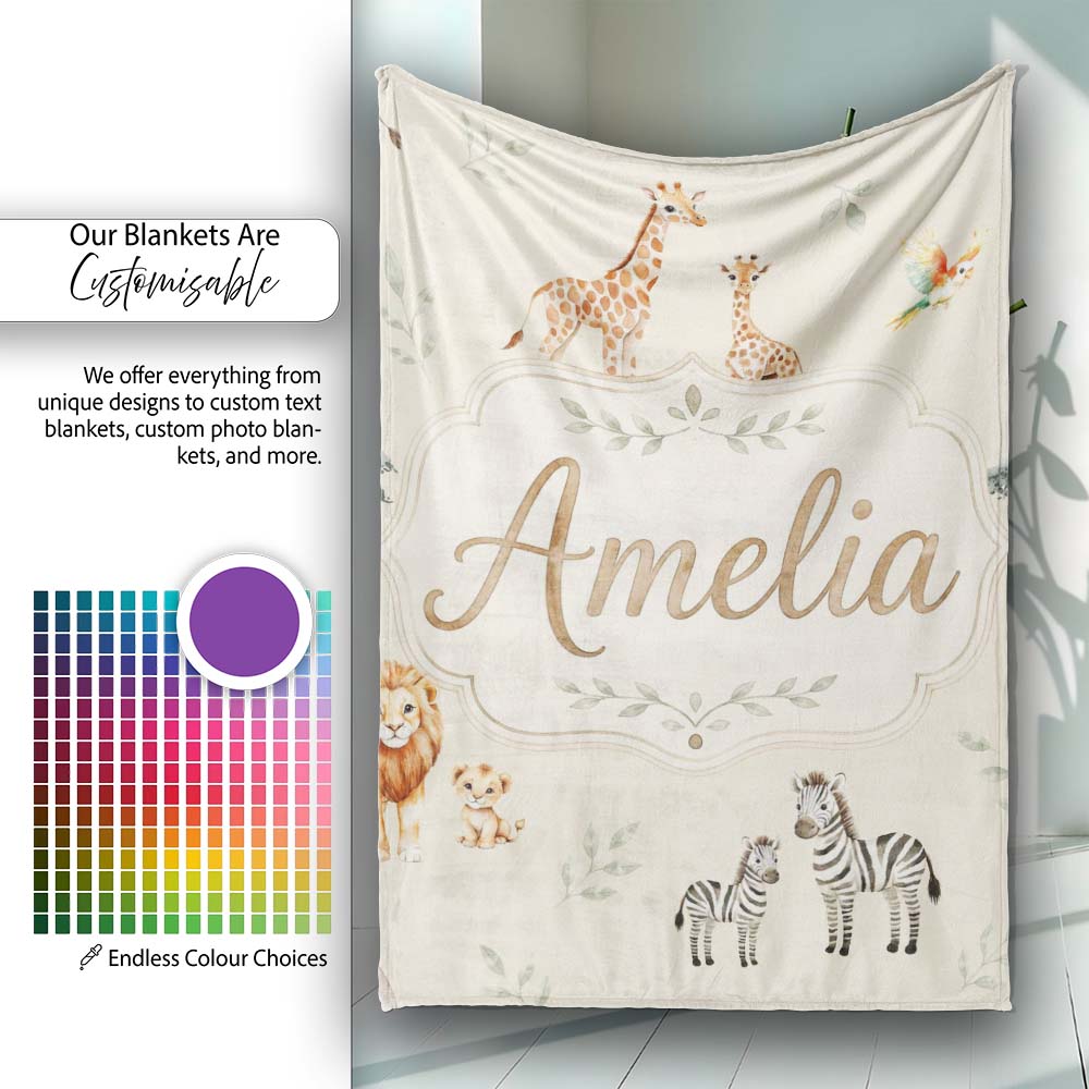 Cute Safari Animals Giraffe Lion Zebra on Cream Background Seamless Personalised Custom Name Super Soft Fleece Blanket Bed Sofa Throw