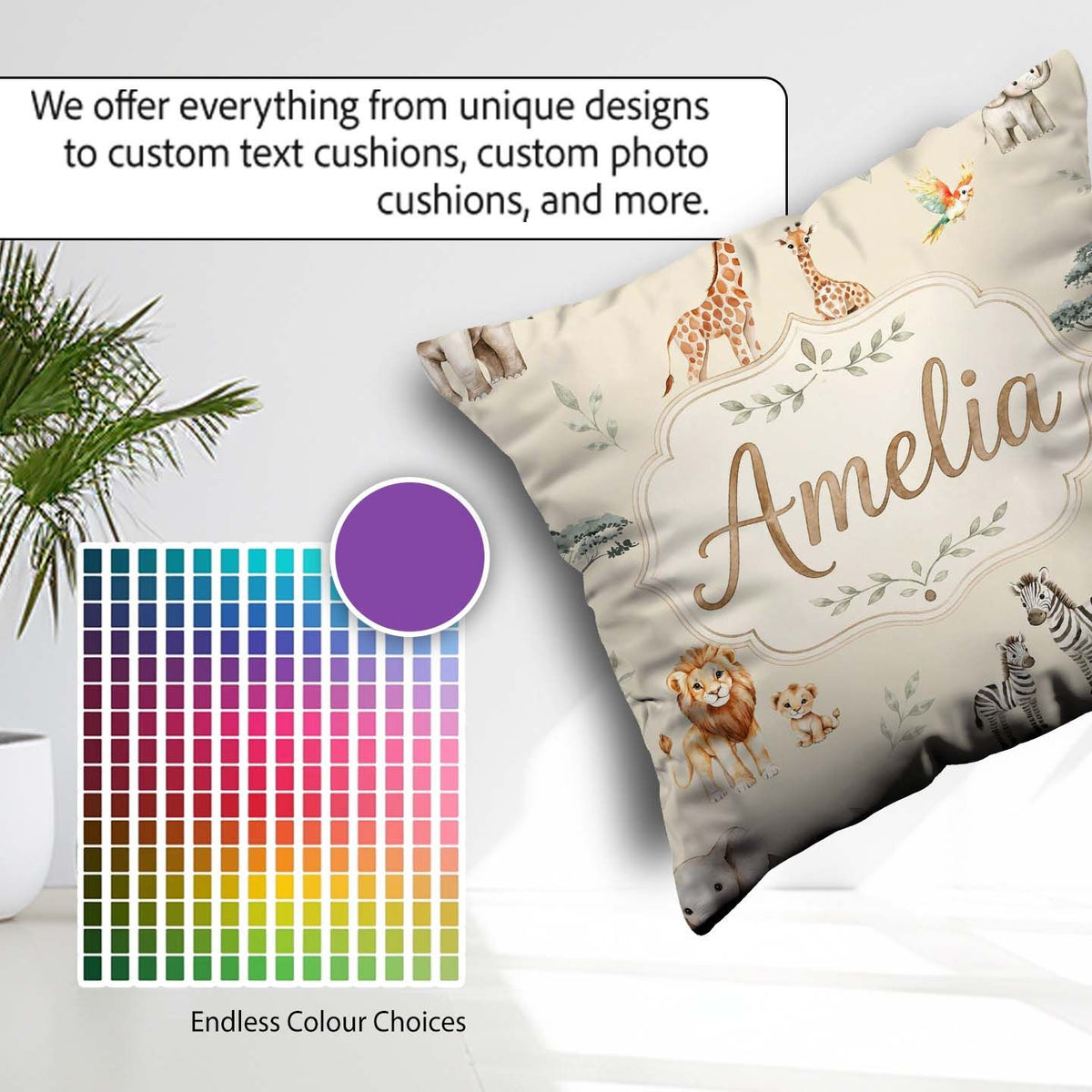 Custom Name Safari Animals Giraffe Lion Zebra on Cream Seamless Square Filled Cushion Throw Pillow Sofa Bed Home Decor Zip Washable UK Made