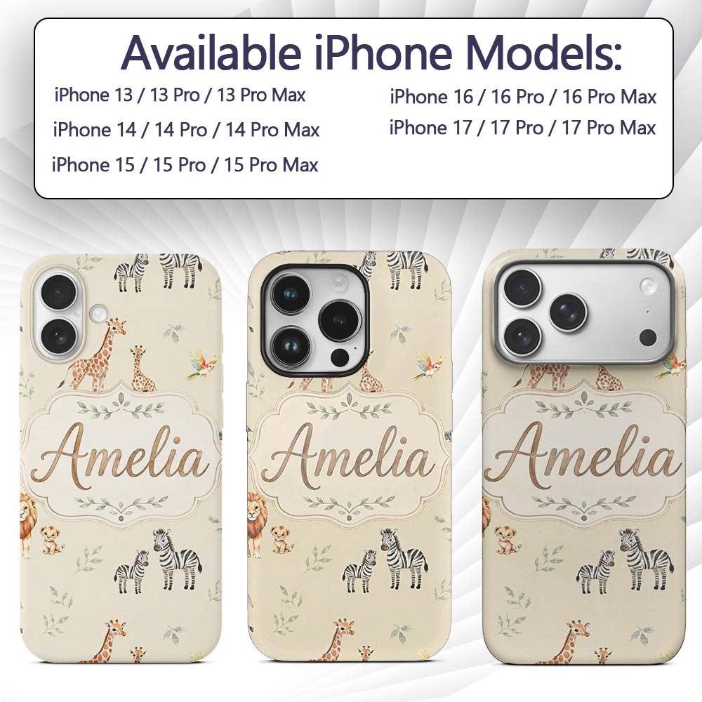 Cute Safari Animals Giraffe Lion Zebra on Cream Custom Name Protective Phone Case Mobile Cover Durable Everyday Smartphone Shock Resistant