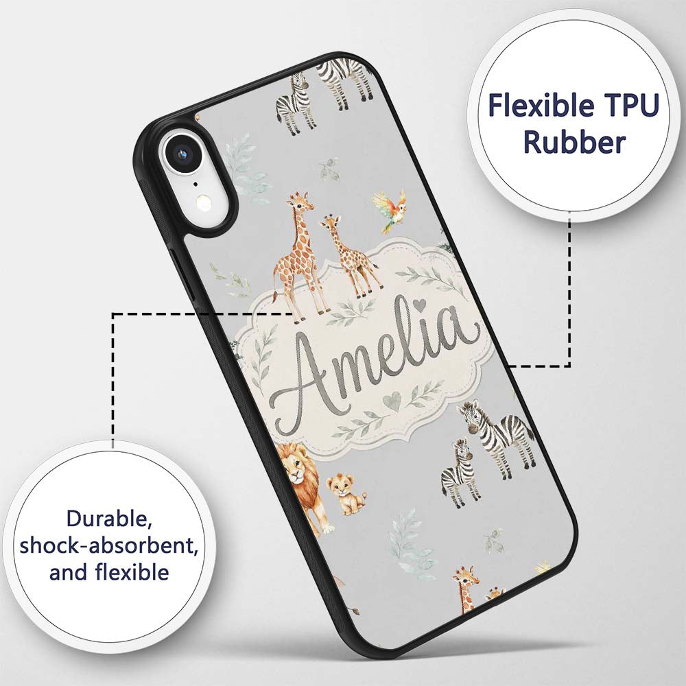 Cute Safari Animals Giraffe Lion Zebra on Grey Custom Name Protective Phone Case Mobile Cover Durable Everyday Smartphone Shock Resistant