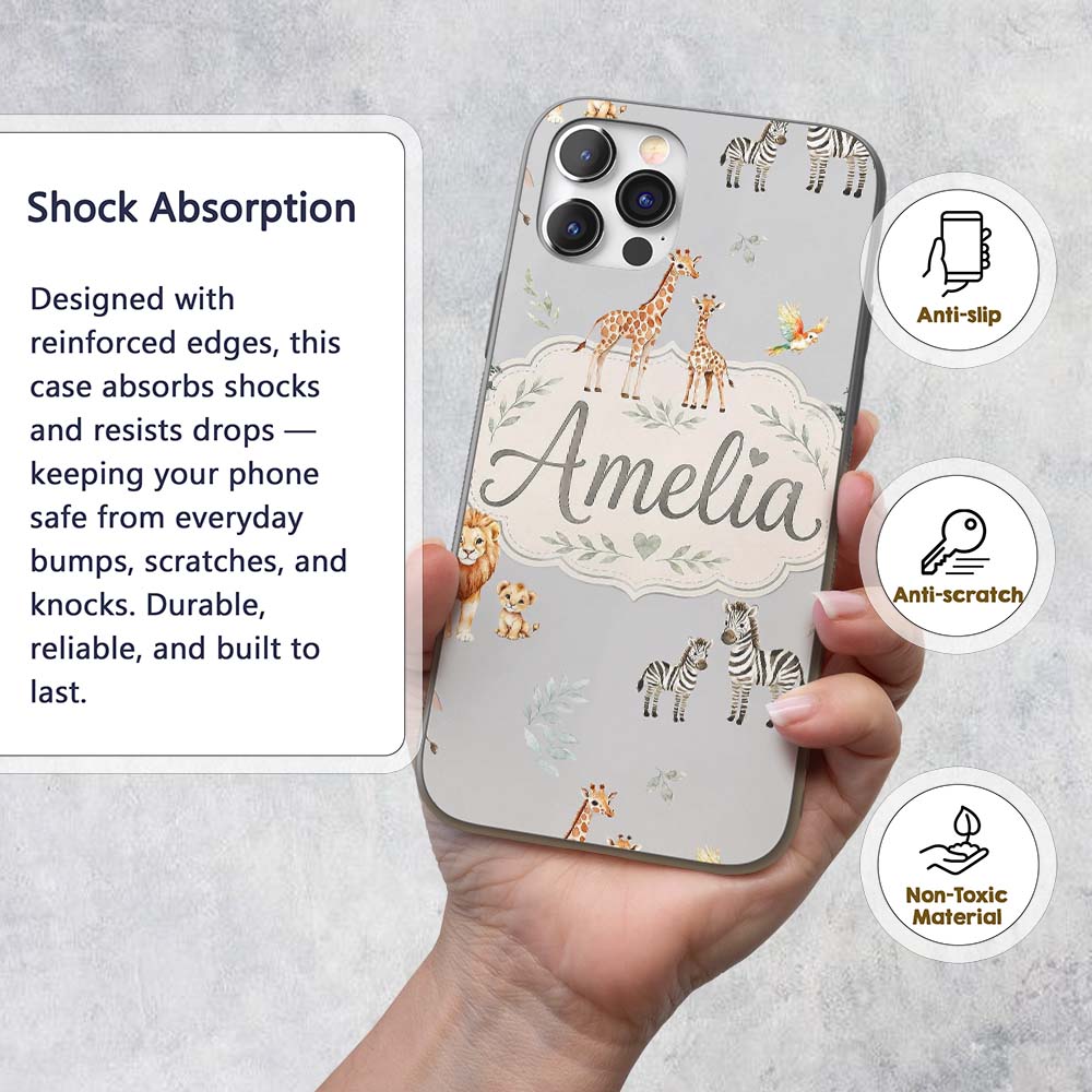 Cute Safari Animals Giraffe Lion Zebra on Grey Custom Name Protective Phone Case Mobile Cover Durable Everyday Smartphone Shock Resistant