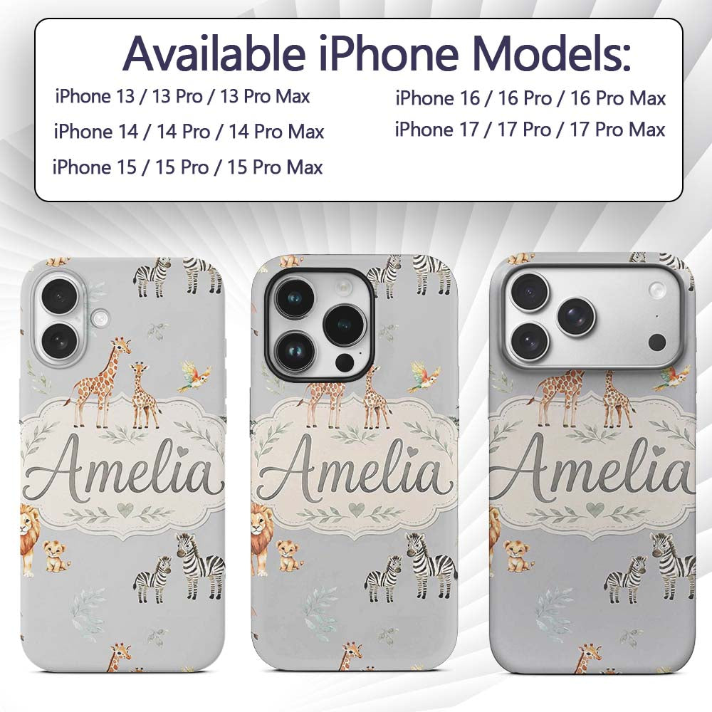 Cute Safari Animals Giraffe Lion Zebra on Grey Custom Name Protective Phone Case Mobile Cover Durable Everyday Smartphone Shock Resistant