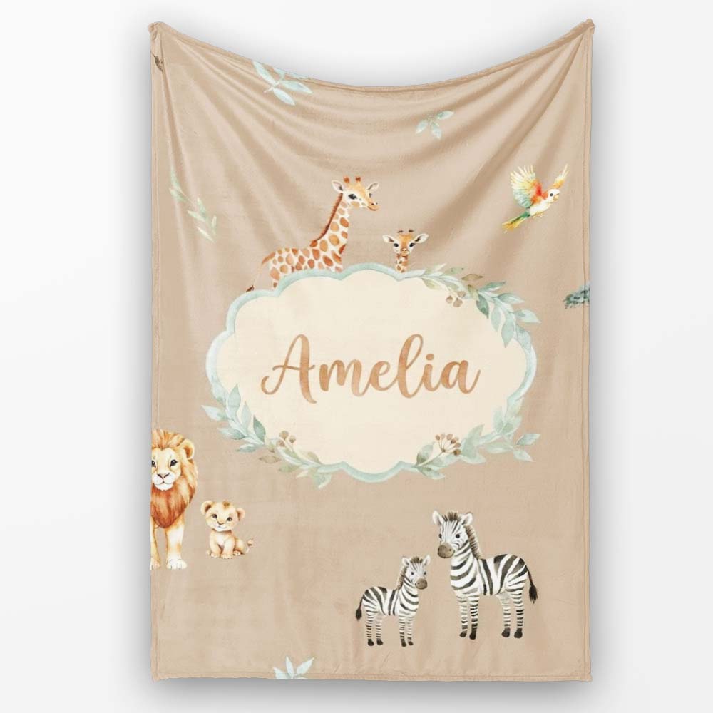Cute Safari Animals Giraffe Lion Zebra on Beige Background Seamless Personalised Custom Name Super Soft Fleece Blanket Bed Sofa Throw