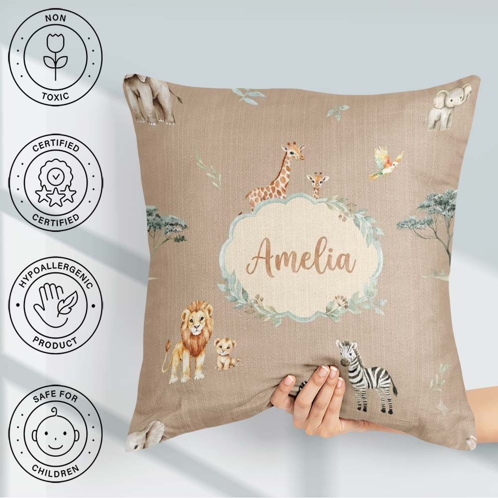 Custom Name Safari Animals Giraffe Lion Zebra on Beige Seamless Square Filled Cushion Throw Pillow Sofa Bed Home Decor Zip Washable UK Made