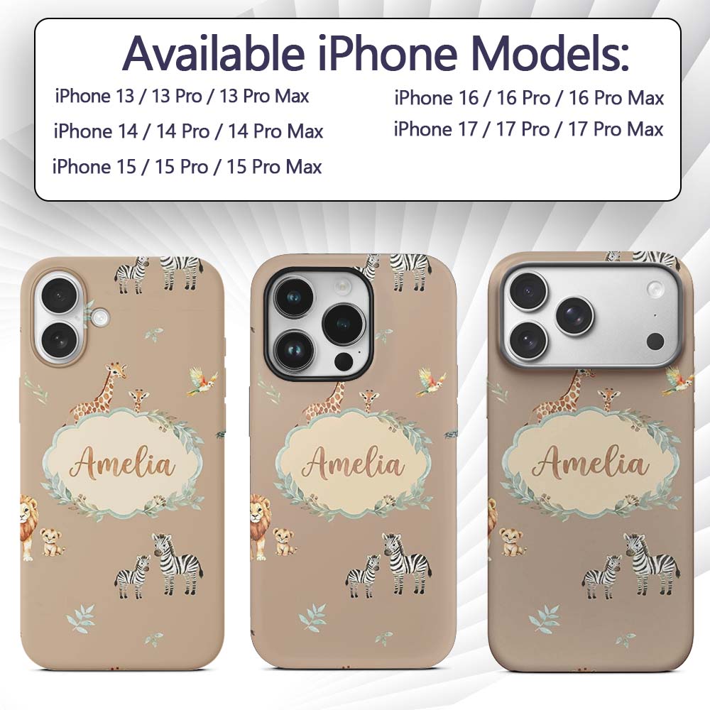 Cute Safari Animals Giraffe Lion Zebra on Beige Custom Name Protective Phone Case Mobile Cover Durable Everyday Smartphone Shock Resistant